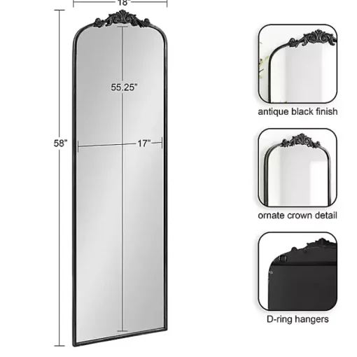 Kirklands Home Decorative Mirrors|Black Arch Ornate Crown Full Length Wall Mirror