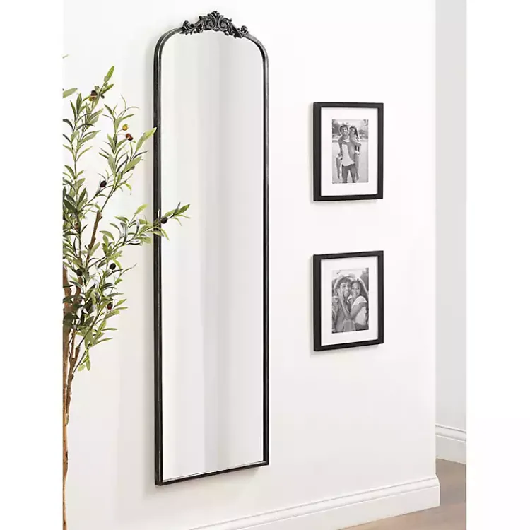 Kirklands Home Decorative Mirrors|Black Arch Ornate Crown Full Length Wall Mirror