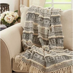 Hot Black Beige Block Print Throw Blanket Blankets & Throws