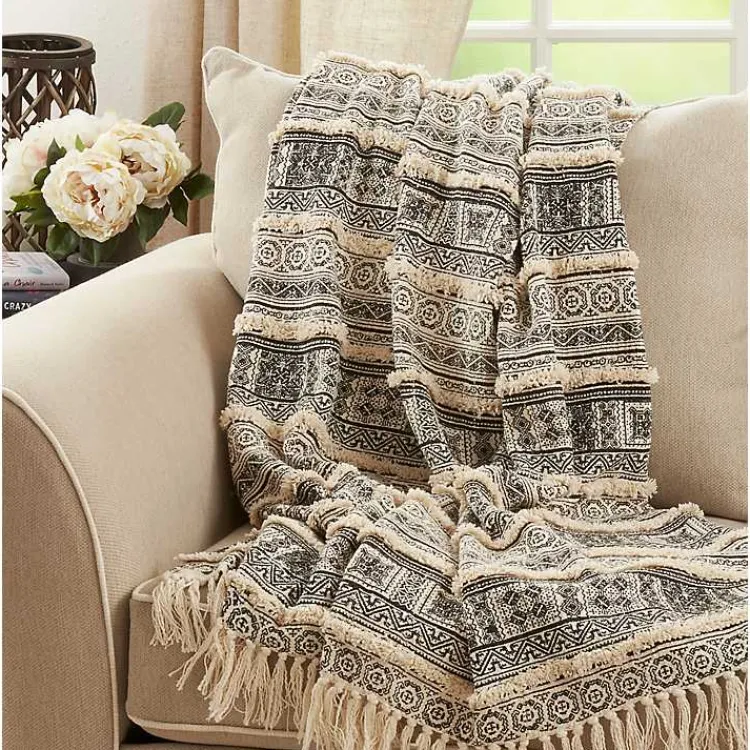 Hot Black Beige Block Print Throw Blanket Blankets & Throws