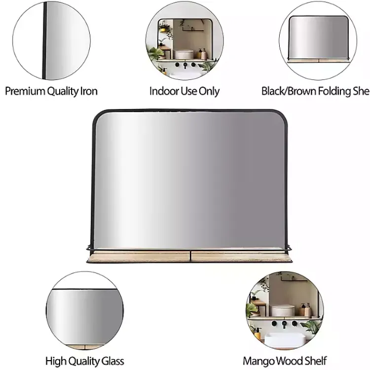 Kirklands Home Decorative Mirrors|Black Brown Metal Shelf Horizontal Wall Mirror
