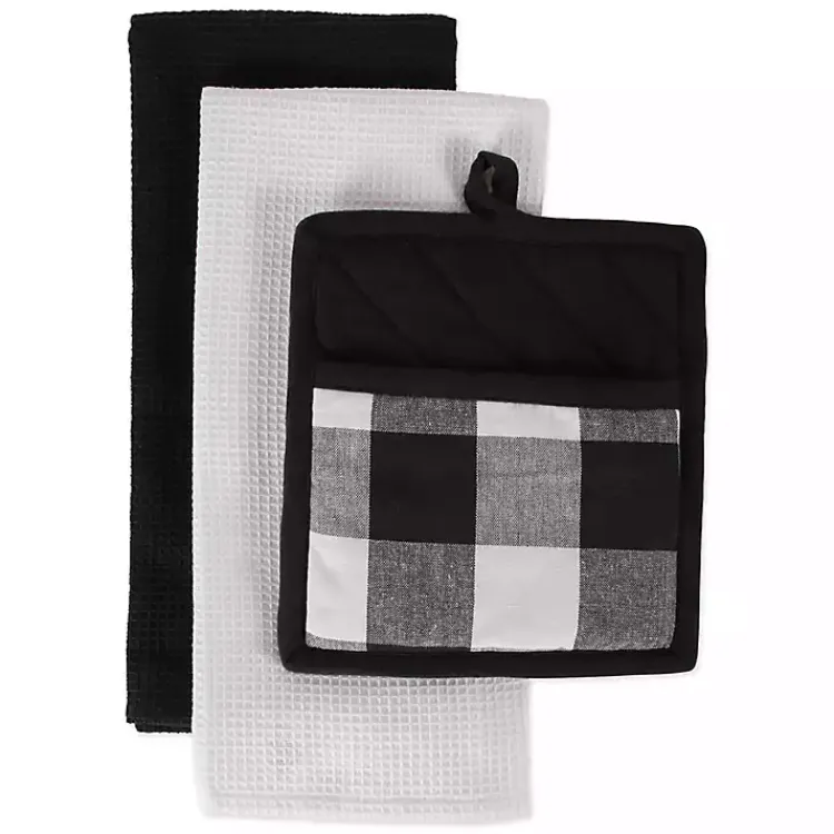 Kirklands Home Kitchen Accessories|Black Buffalo Check 3-pc. Potholder & Towel Set