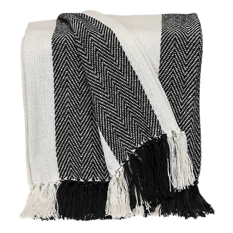 New Black Chalet Striped Fringe Throw Blankets & Throws