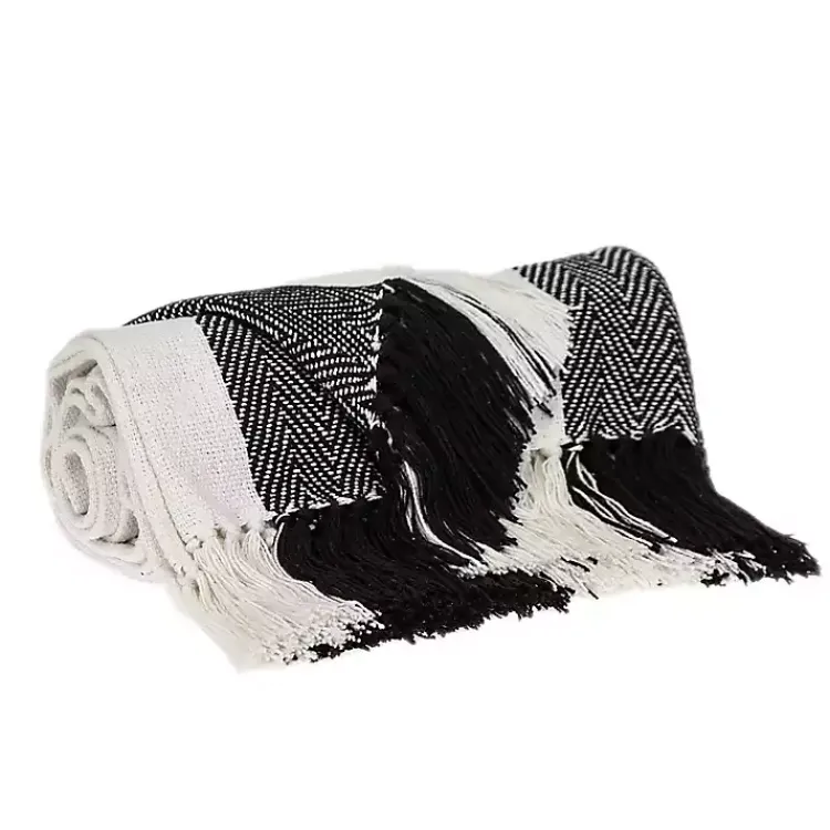 New Black Chalet Striped Fringe Throw Blankets & Throws