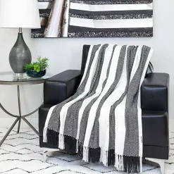 New Black Chalet Striped Fringe Throw Blankets & Throws