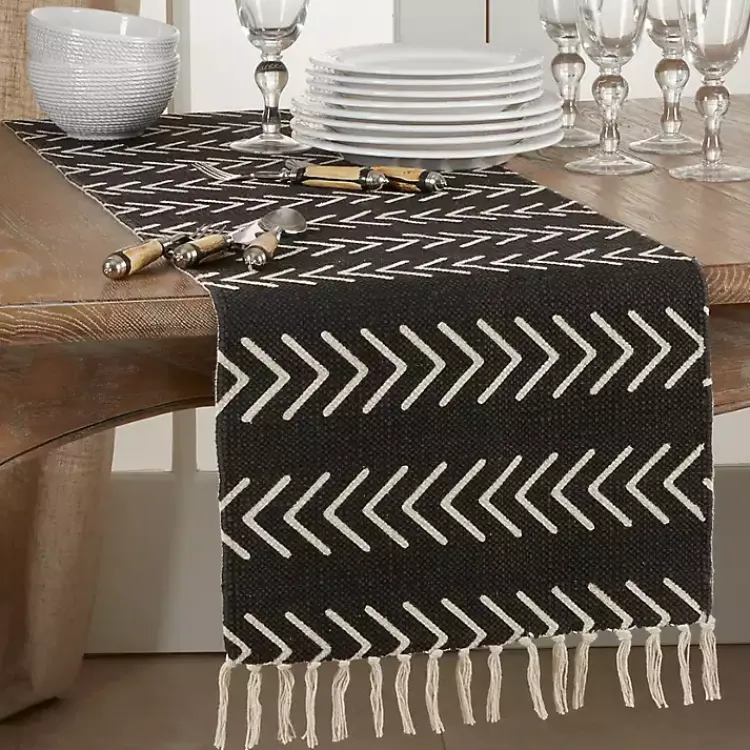 Kirklands Home Table Linens|Chevron Table Runner with Fringe Black