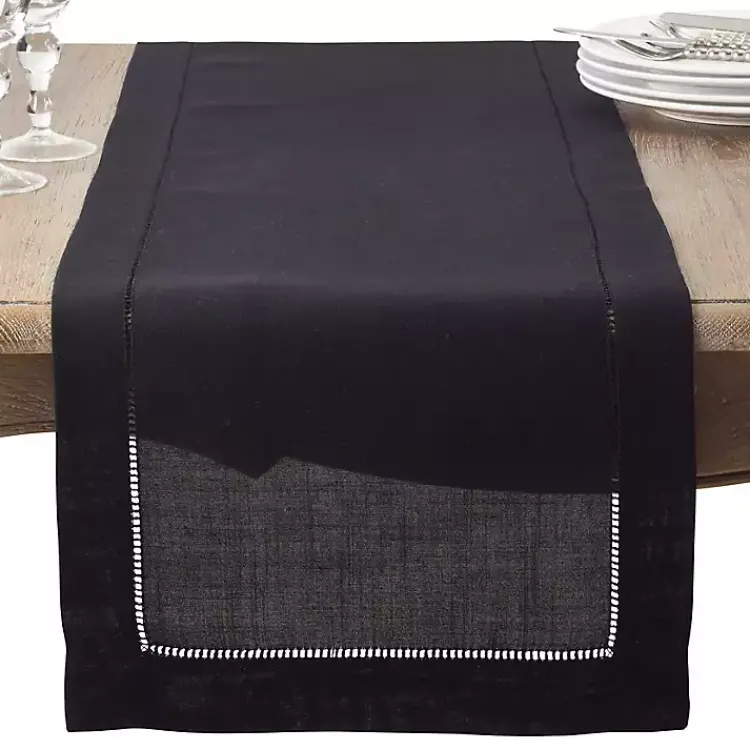 Kirklands Home Table Linens|Classic Hemstitch Border Polyester Runner Black