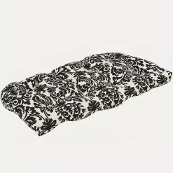 Kirklands Home Outdoor Cushions & Pillows|Black Damask Tufted Outdoor Settee Cushion