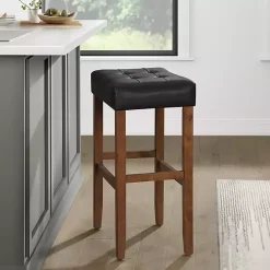 Kirklands Home Bar Stools & Counter Height Stools|Black Faux Leather Madison Walnut Stool Bar