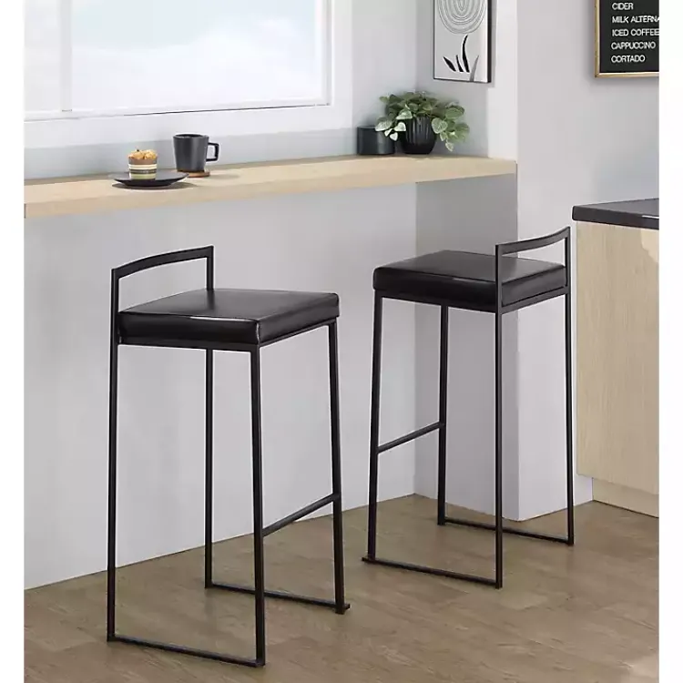 Kirklands Home Bar Stools & Counter Height Stools|Faux Leather Stackable Bar Stools, Set of 2 Black