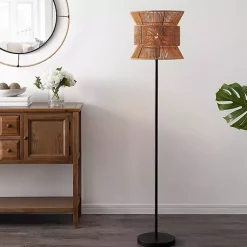 Kirklands Home Floor Lamps|Black Floor Lamp with Natural Woven Shade Brown