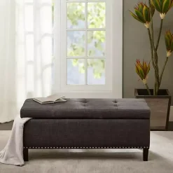 Kirklands Home Benches & Ottomans|Linen Button Tufted Storage Bench Black