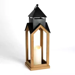 Hot Black Metal & Natural Wood Steeple Lantern, 30 in. Lanterns