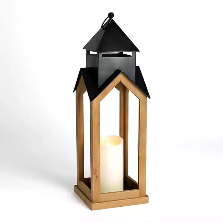 Hot Black Metal & Natural Wood Steeple Lantern, 30 in. Lanterns