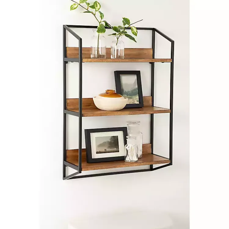 Kirklands Home Shelves|Black Metal & Rustic Wood Tiered Wall Shelf