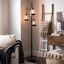 Kirklands Home Floor Lamps|Black Metal and Glass Globe 3-Arm Floor Lamp Clear