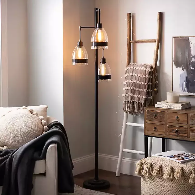 Kirklands Home Floor Lamps|Black Metal and Glass Globe 3-Arm Floor Lamp Clear