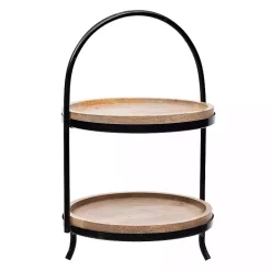 Kirklands Home Serving & Entertaining|Black Metal and Natural Wood 2-Tier Server