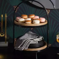 Kirklands Home Serving & Entertaining|Black Metal and Natural Wood 2-Tier Server