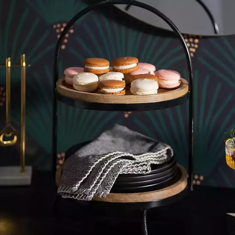 Kirklands Home Serving & Entertaining|Black Metal and Natural Wood 2-Tier Server