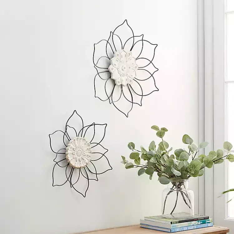 Kirklands Home Wall Plaques|Black Metal and Wood Floral Wall Plaques, Set of 2
