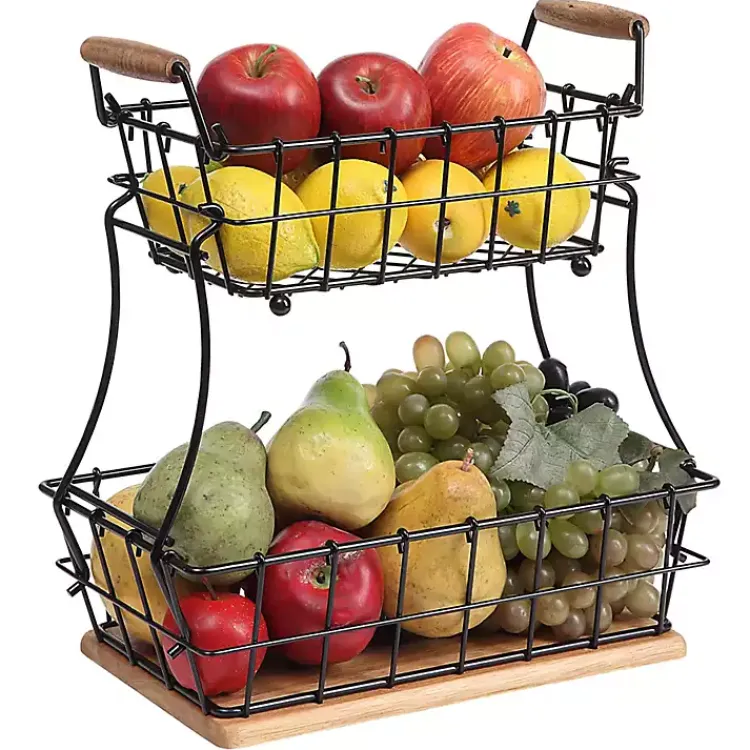 Kirklands Home Kitchen Storage|Black Metal and Wood Stackable Kitchen Baskets