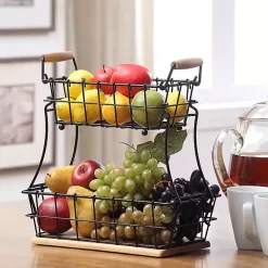 Kirklands Home Kitchen Storage|Black Metal and Wood Stackable Kitchen Baskets