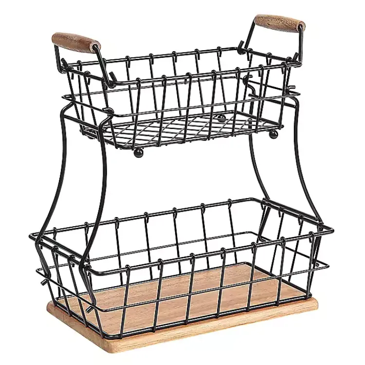 Kirklands Home Kitchen Storage|Black Metal and Wood Stackable Kitchen Baskets
