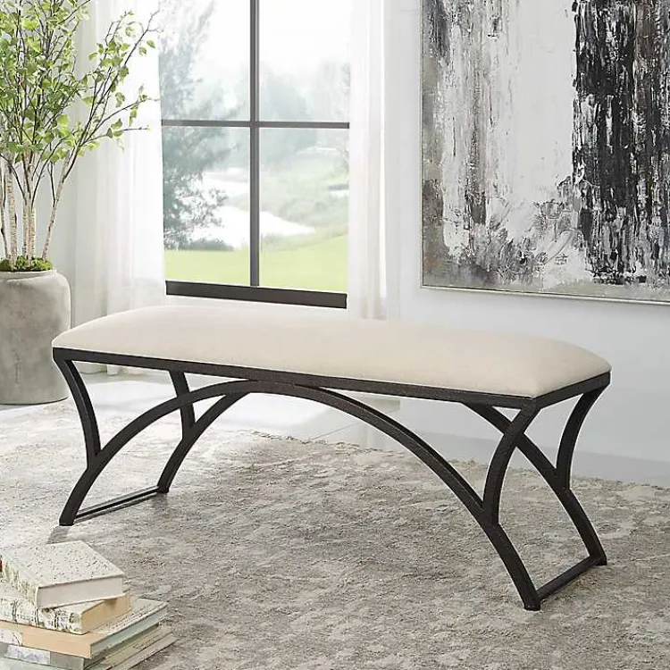 Kirklands Home Benches & Ottomans|Black Metal Arched Frame Upholstered Bench Ivory