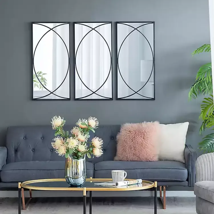 Kirklands Home Decorative Mirrors|Black Metal Geometric Wall Mirrors, Set of 3