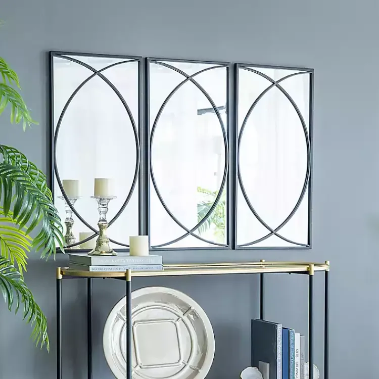 Kirklands Home Decorative Mirrors|Black Metal Geometric Wall Mirrors, Set of 3