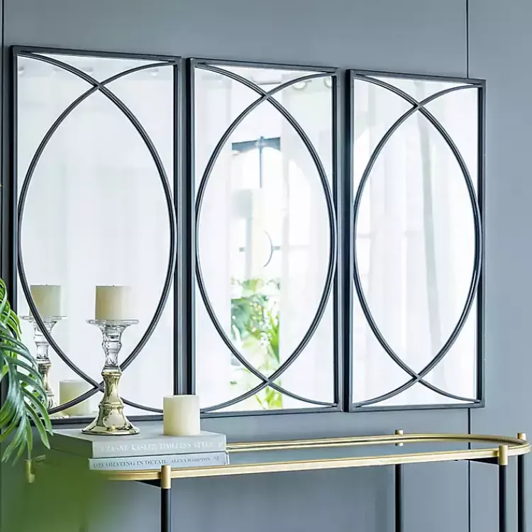 Kirklands Home Decorative Mirrors|Black Metal Geometric Wall Mirrors, Set of 3