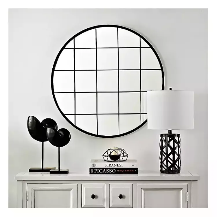 Kirklands Home Decorative Mirrors|Black Metal Grid Frame Round Wall Mirror