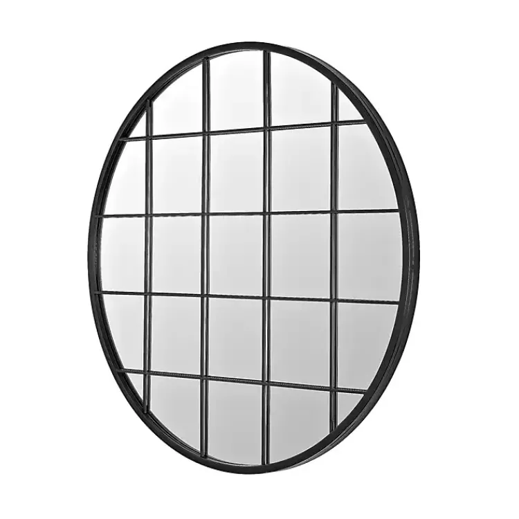 Kirklands Home Decorative Mirrors|Black Metal Grid Frame Round Wall Mirror