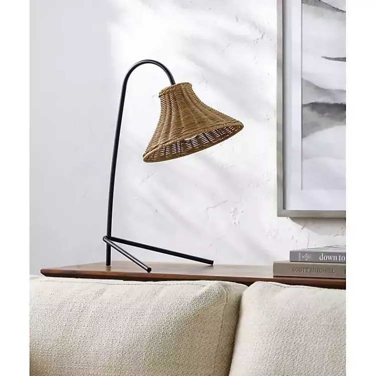 Kirklands Home Table Lamps|Black Metal Jeri Table Lamp with Rat Shade Tan
