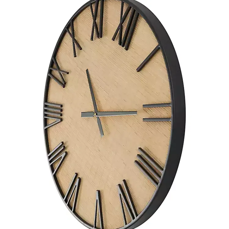 Kirklands Home Clocks|Black Metal Natural Wood Wall Clock