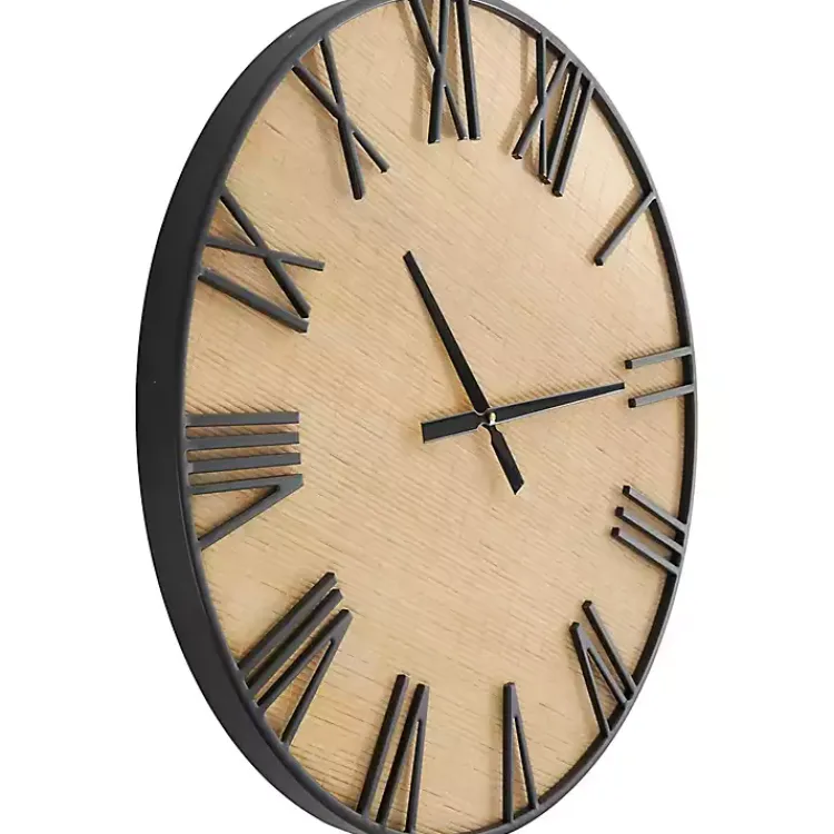 Kirklands Home Clocks|Black Metal Natural Wood Wall Clock