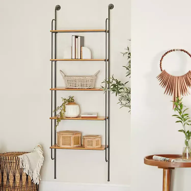 Kirklands Home Shelves|Black Metal Pipe Frame Brown Wood Wall Shelf