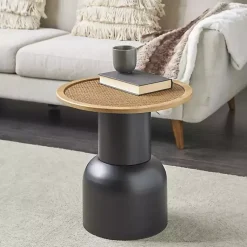 Kirklands Home Accent & End Tables|Black Metal Rattan Pedestal Accent Table, 19 in. Brown