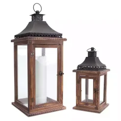 Online Black Metal Top Wood Lanterns, Set of 2 Lanterns