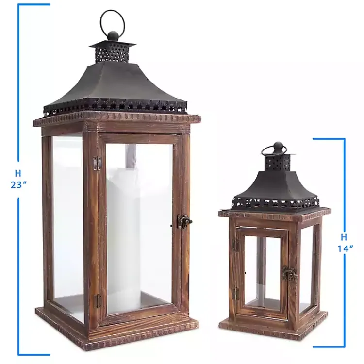 Online Black Metal Top Wood Lanterns, Set of 2 Lanterns