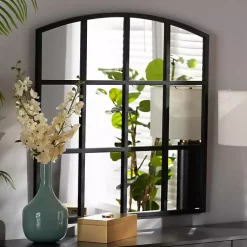 Kirklands Home Decorative Mirrors|Black Metal Windowpane Arched Wall Mirror