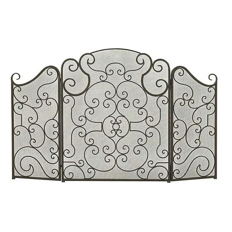 Black Metallic Scroll Three-Panel Fire Screen Fireplace Accessories