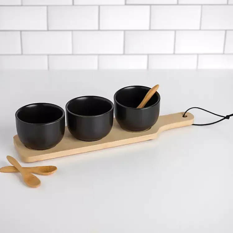 Kirklands Home Serving & Entertaining|Black 3-pc. Dip Bowl Set with Bamboo Tray