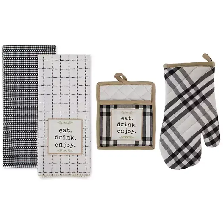 Kirklands Home Kitchen Accessories|Black Plaid Eat Drink Enjoy 4-pc. Dish Towel Set