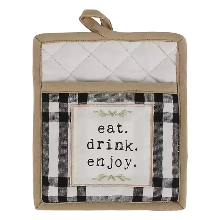 Kirklands Home Kitchen Accessories|Black Plaid Eat Drink Enjoy 4-pc. Dish Towel Set