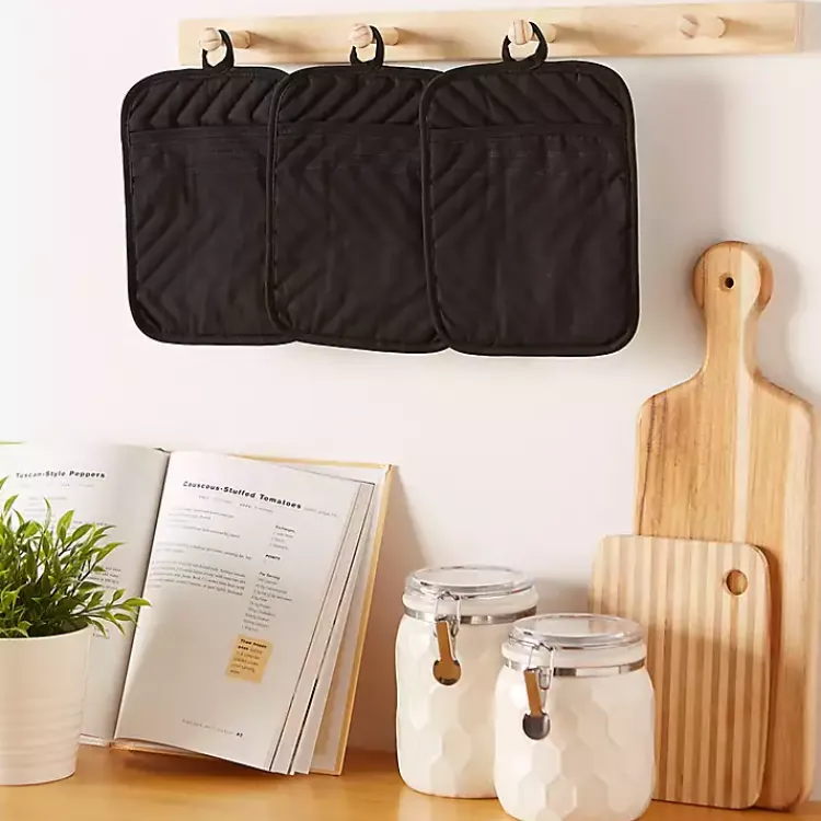 Kirklands Home Kitchen Accessories|Quilted 3-pc. Potholder Set Black
