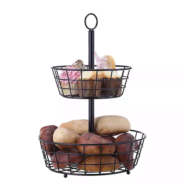 Kirklands Home Kitchen Storage|Steel Two-Tier Fruit Basket Black