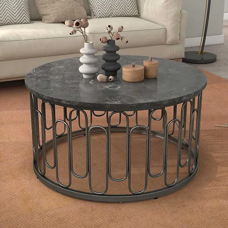 Kirklands Home Coffee Tables|Stone and Metal Geometric Coffee Table Black