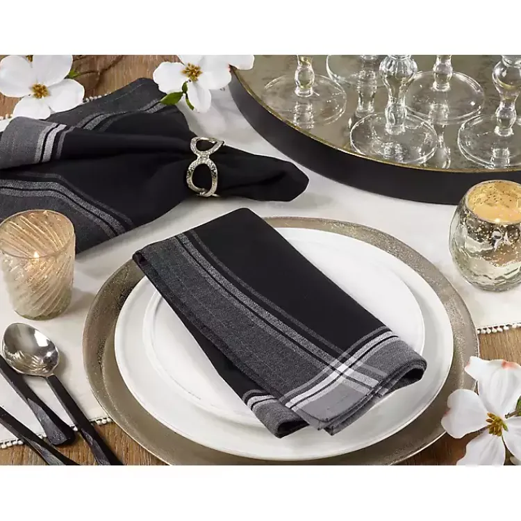 Kirklands Home Table Linens|Striped Border Cotton Napkins, Set of 4 Black